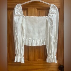 Reformation White Smocked Blouse with Ruffle Hem